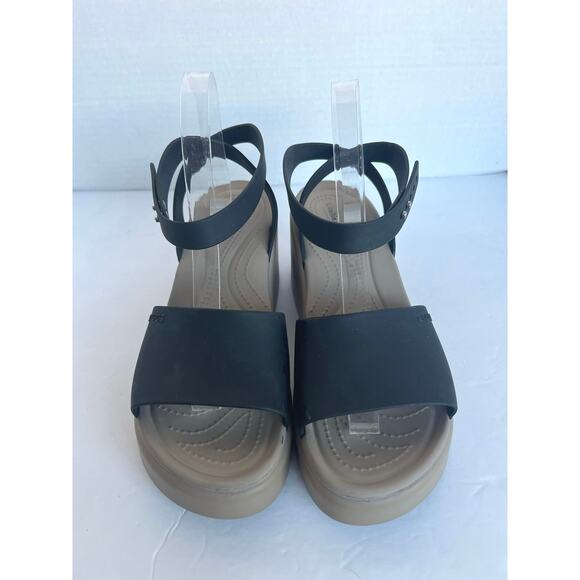 Crocs Brooklyn Black and Tan Criss Cross Ankle Strap Wedge Comfort Sandals Sz 10 - Picture 3 of 13